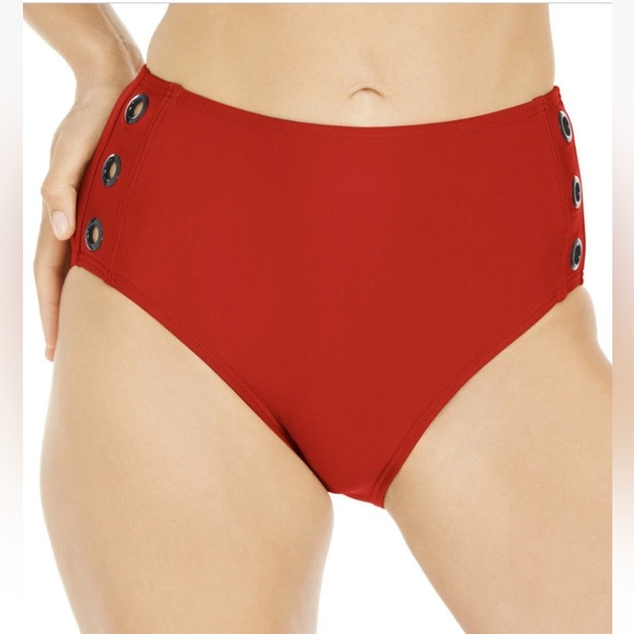 DKNY Lychee Red and Black Grommet High Waist Slimming Swim Bikini Bottoms  Sz Lg - Picture 1 of 11